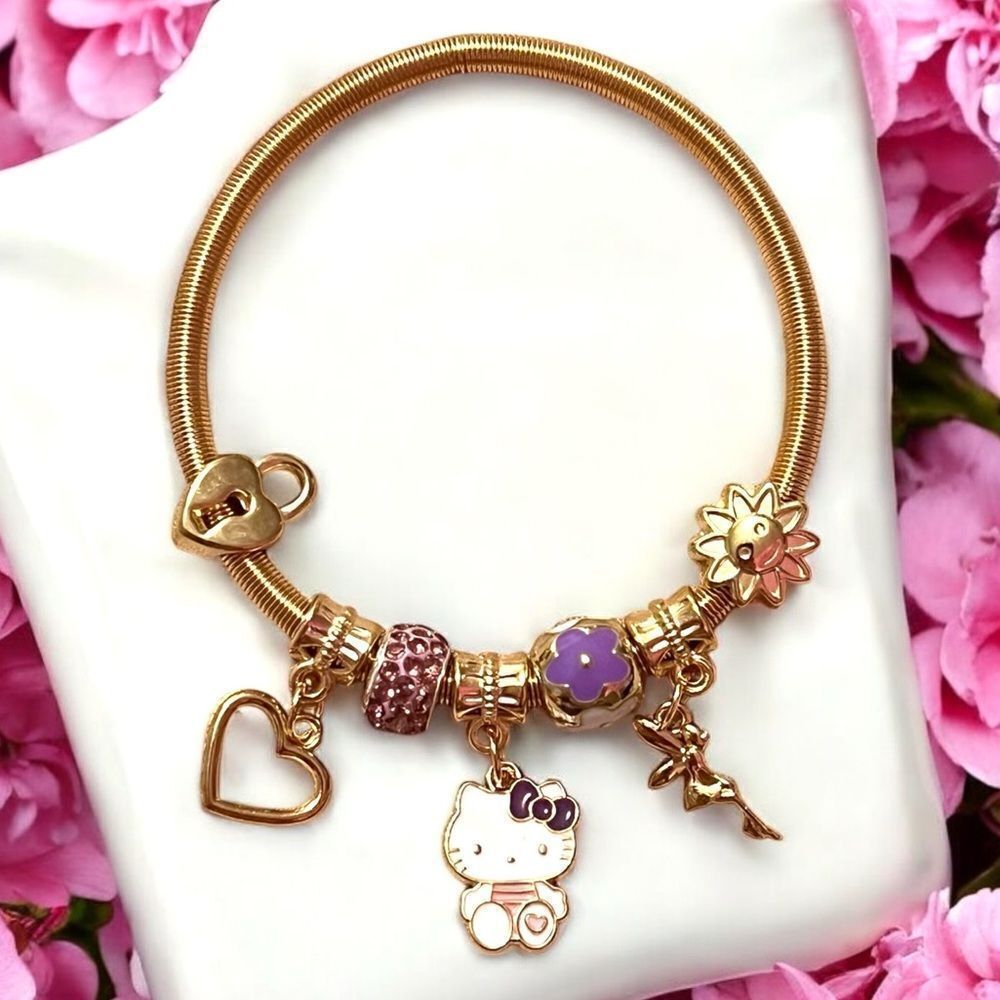 Hello Kitty Lavender Heart Lock Sunflower Fairy Gold Tone Stretch Charm Bracelet